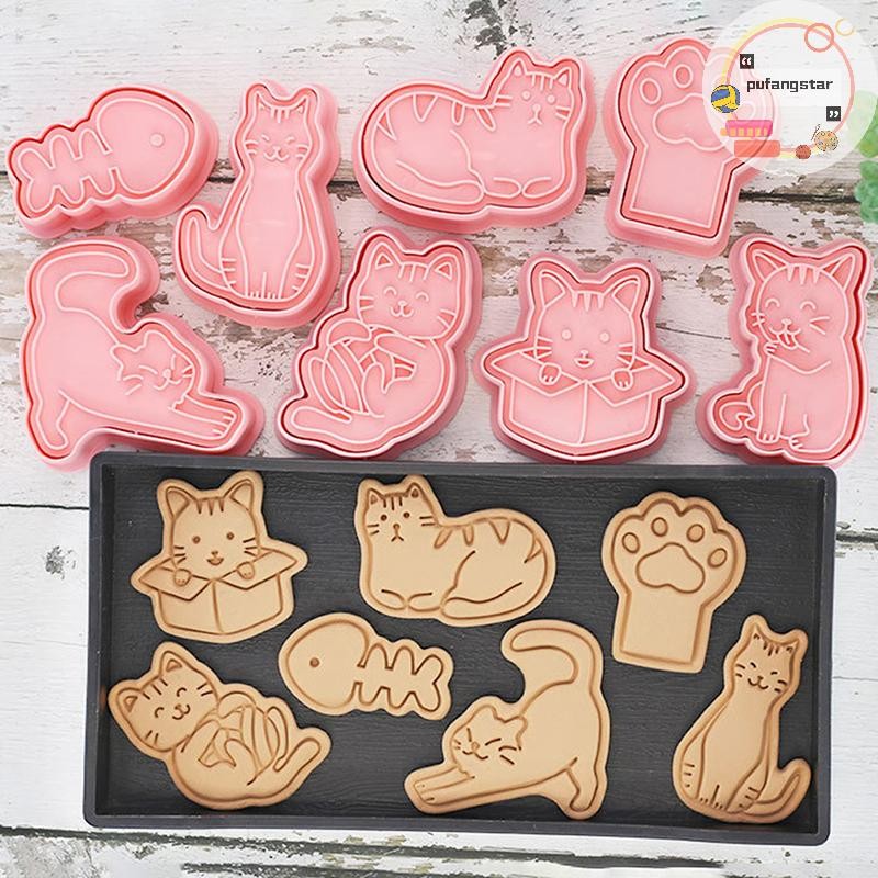 Pufangstar 8 ชิ้น/เซ็ตแมวสัตว์เล็กเครื่องตัดคุกกี้ Mould พลาสติก 3D การ์ตูนกดบิสกิตแม่พิมพ์แสตมป์ครัวเบเกอรี่ Pastry Bakeware เครื่องมือ TH