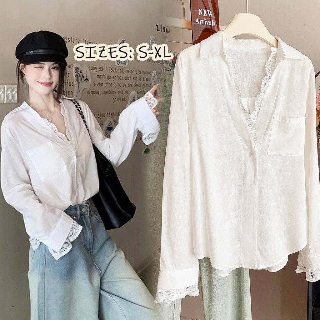 KOKO#เสื้อเชิ้ตคอวีผ้าลูกไม้สไตล์ฝรั่งเศสสำหรับผู้หญิง ดีไซน์สองชิ้นปลอม เสื้อแจ็คเก็ตเชิ้ตกันแดดปกปกผู้หญิง#W509
