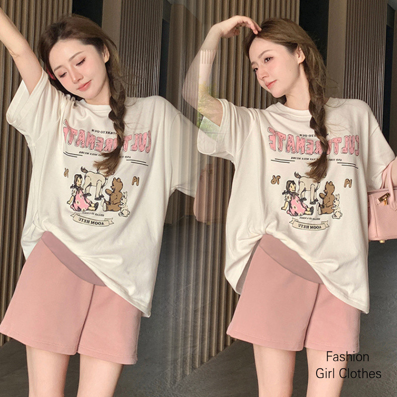 ฤดูร้อนคลอดบุตรชุดสองชิ้นคลอดบุตรด้านบน + กางเกงขาสั้นตั้งครรภ์ชุดขนาดเล็กหลวมบางแขนสั้นเสื้อคลอดบุตรผู้หญิง