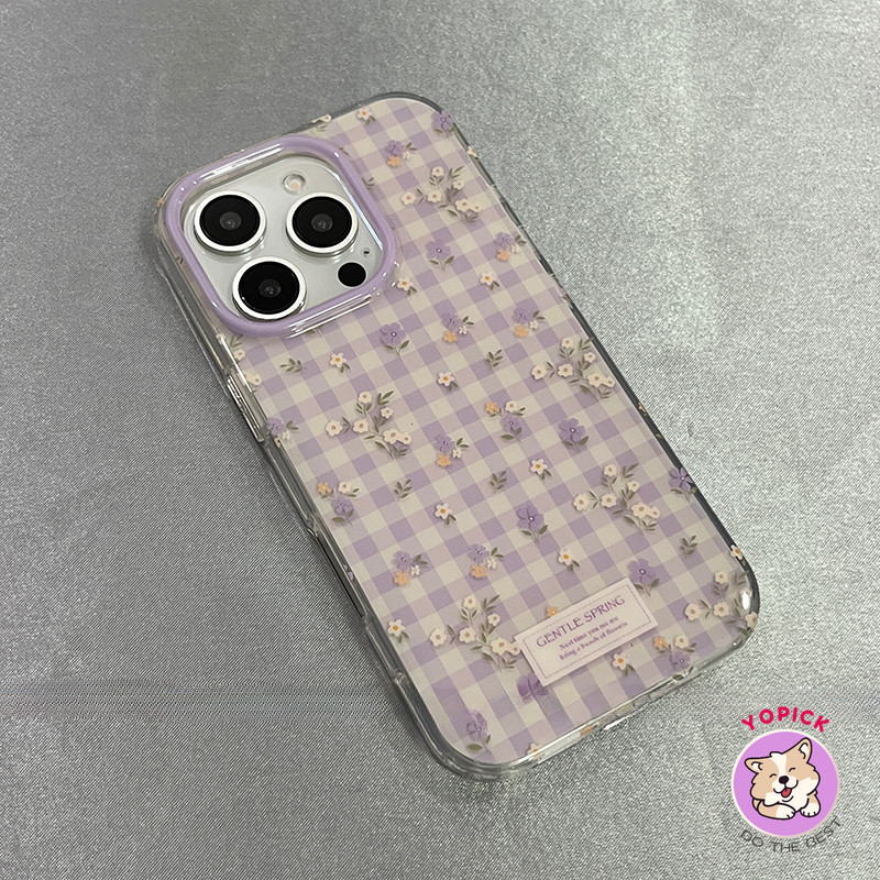 สําหรับ iphone 16pro โทรศัพท์ เคสดอกไม้ลายตารางหมากรุกสีม่วง iphone15 ใหม่ 13 ผู้หญิง 14promax สองชั้นรวมทุกอย่างป้องกันการตก 15pro กรณี BB