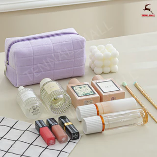 กระเป๋าเครื่องสําอาง สีพื้น มีซิป ลายตาราง สวยหรู เหมาะกับการเดินทางกลางแจ้ง