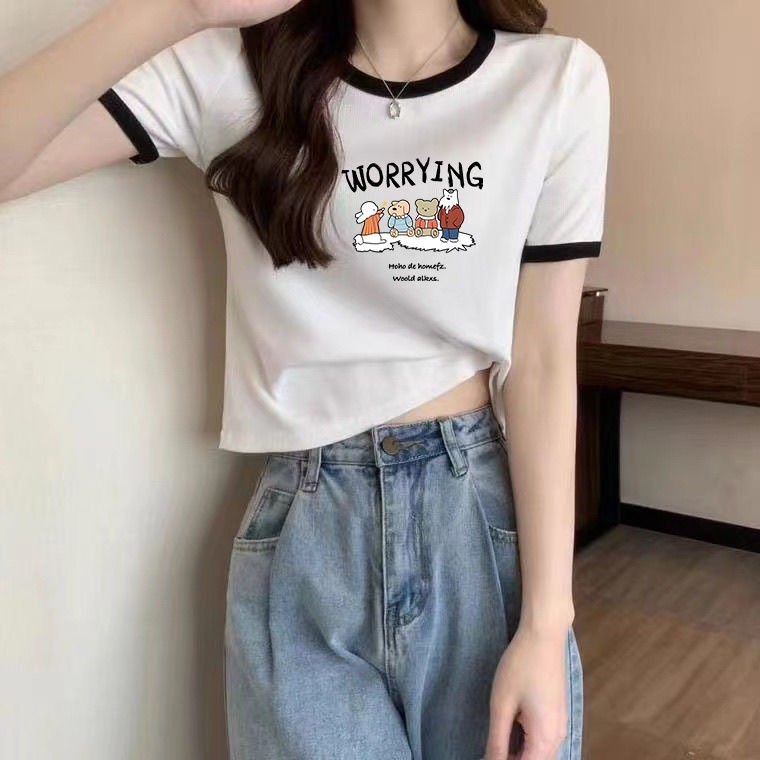 HOME818 เสื้อยืดครอป เสื้อยืดวินเทจแขนสั้นผู้หญิง Women's T-shirts แฟชั่นวัยรุ่น เสื้อทรงหลวมสไตล์เกาหลี ( NO.T5 )