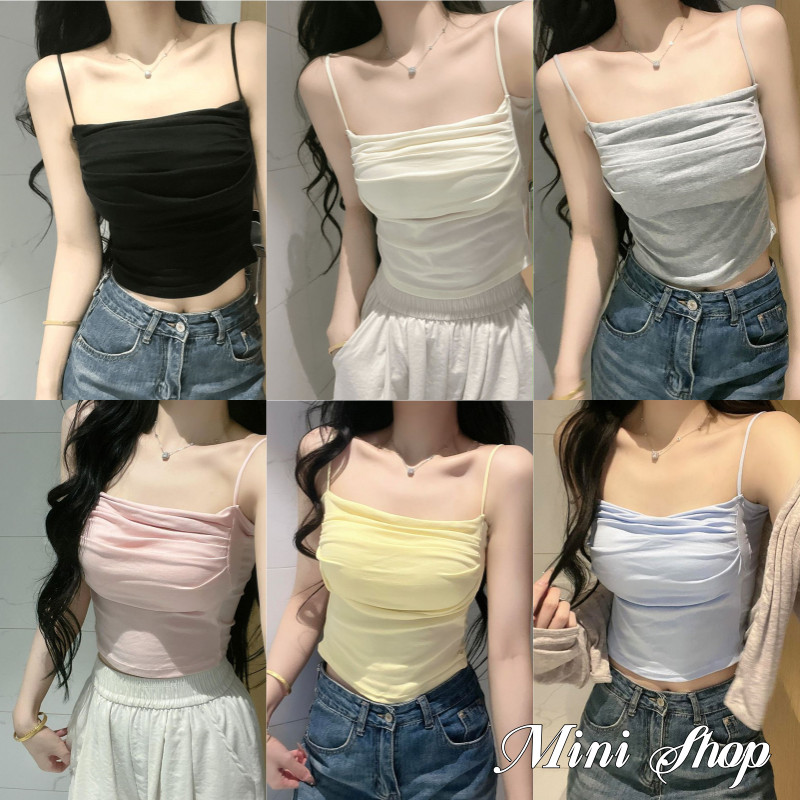 Mini shop🌸พร้อมส่ง🌸(FY7274) เสื้อสายเดี่ยว สีพาสเทล มีฟองรน้ำ ยืดพอดีตัว เข้ารูป สไตล์ลำลอง