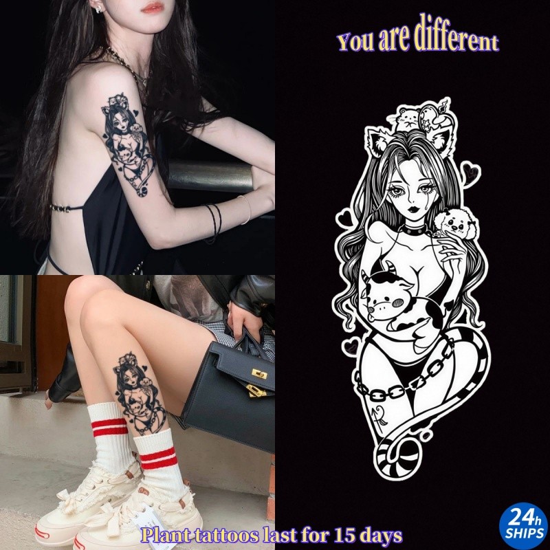 แมวสาวรูปแบบสักน่ารักสาวขาพืชสักสติกเกอร์รอยสักกันน้ําติดทนนาน15วันสติกเกอร์ผิวรอยสักปลอมชั่วคราว
