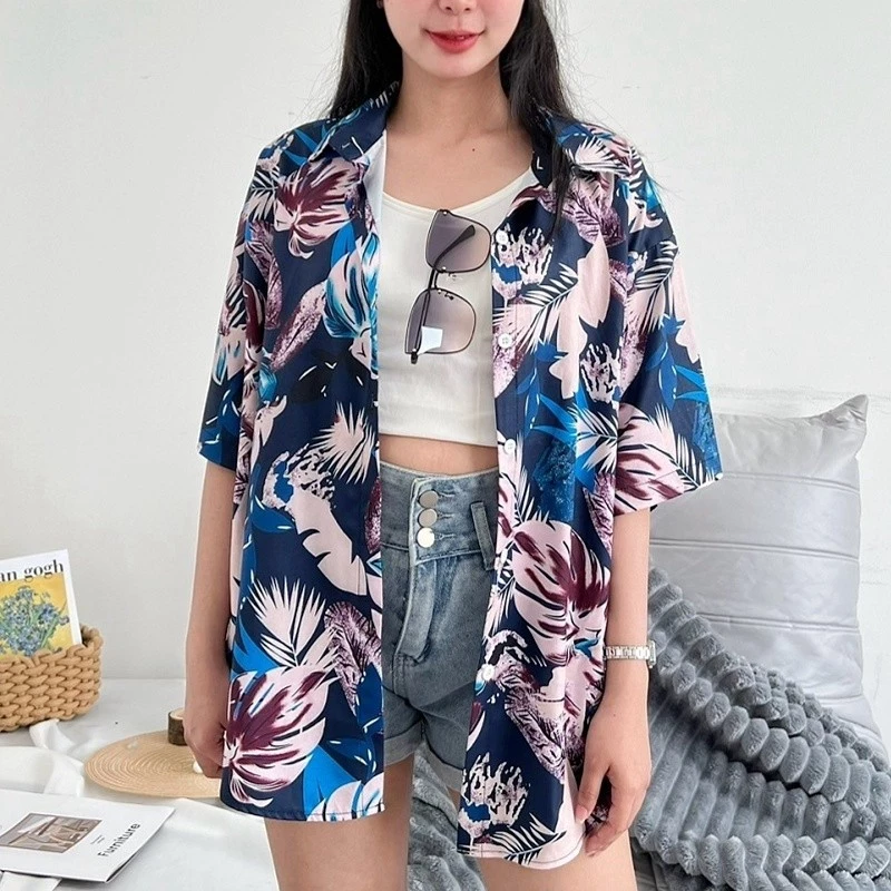 Chic เสื้อฮาวาย เชิ้ตคอปกแขนสั้น ลายดอก สไตล์เกาหลี thumbnail 4