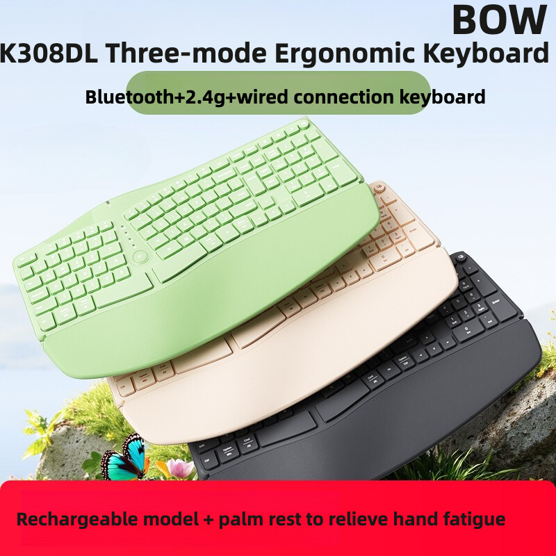 Bow Ergonomic สามโหมด 2.4g คีย์บอร์ดไร้สายบลูทูธชาร์จ Palm Rest แบบมีสายและสะดวกสบายสาว Office K308DL