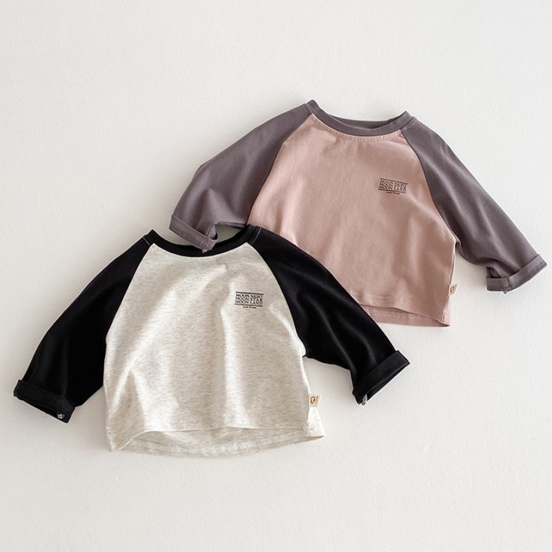 เด็กเกาหลี-สไตล์ฤดูใบไม้ผลิและฤดูใบไม้ร่วงแขนยาว-สีบล็อกที-เสื้อ, ยู นิสซ์ ลําลองผ้าฝ้ายด้านบนสําหรับทารกและเด็กเล็ก