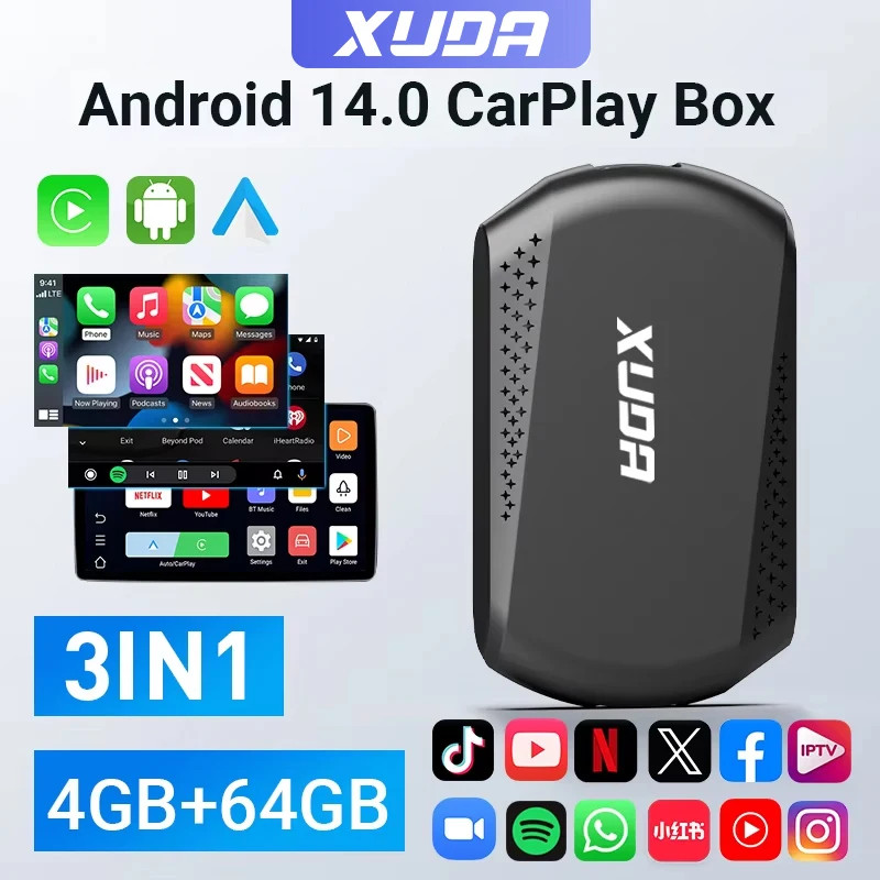 XUDA Android14 Wireless CarPlay&Android Auto 3in1 CarPlay Smart Box ที่มีแอพในตัว 4 คอร์