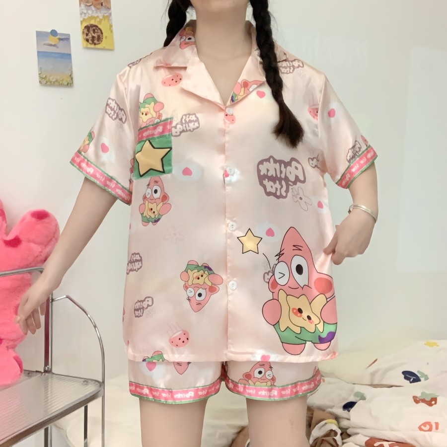 388 SPS ชุดนอนผู้หญิง ชุดนอนOne size อก40โดยประมาณ ชุดนอนสาวอวบผ้าไหมอิตาลี่ ลายการตูนน่ารักๆ พร้อมส่ง