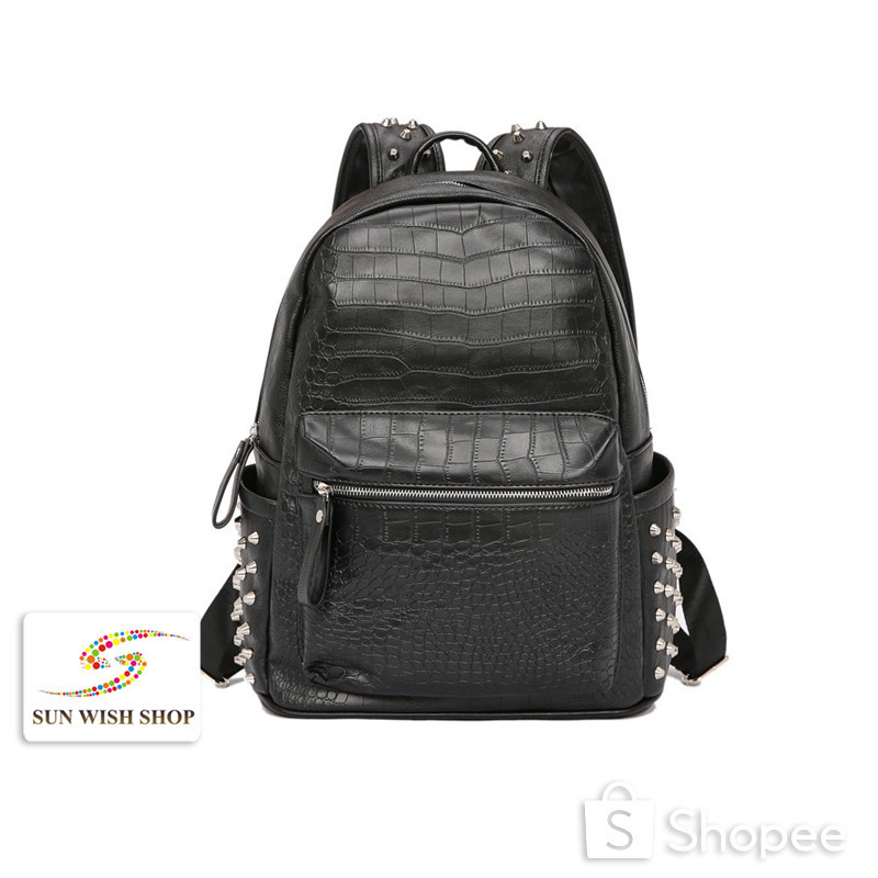 🌞SUNWISH🌞 - ETONWEAG- No.6992 2024 ใหม่ กระเป๋าเป้สะพายหลัง หนังจระเข้ แต่งหมุด สไตล์เกาหลี เหมาะกับใส่คอมพิวเตอร์ แฟชั่นสําหรับนักเรียน