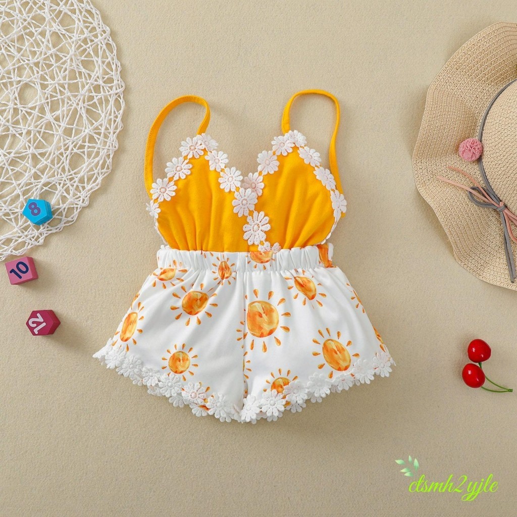 ทารกแรกเกิดเด็กผู้หญิงสไตล์ลำลอง Romper แขนกุด Sun พิมพ์ Playsuit คอวีพร้อมดอกไม้ตกแต่ง