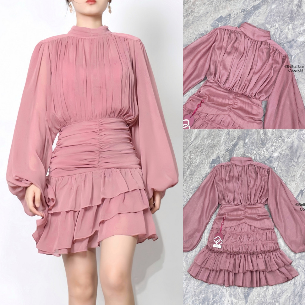 👑🪽 SML Mini Dress มินิเดรสแขนยาวสีชมพู ชุดเดรสสีชมพู Bellita