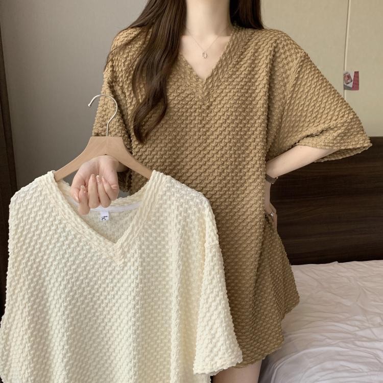 150 กก.ขนาดใหญ ่ พิเศษหลวมครอบคลุมเนื ้ อแขนสั ้ นเสื ้ อยืดผู ้ หญิงไขมัน MM Casual Lazy สไตล ์ ความยาวกลางคอวีด ้ านบน ins