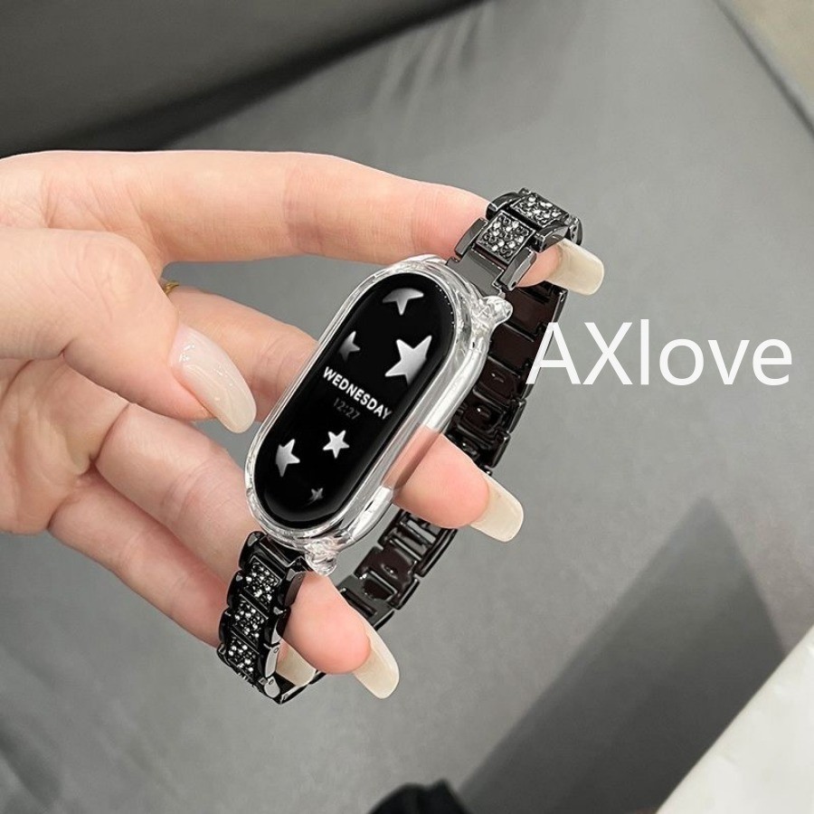 หรูหราเพชรสายโลหะสําหรับ เสี่ยวหมี่ ไมล์ วง9 8 7 6 5 4 3สร้อยข้อมือสแตนเลสเปลี่ยนอุปกรณ์เสริมสายนาฬิกาข้อมือสําหรับ ไมล์band 8 เอ็นเอฟซี วง