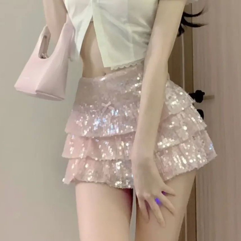 ชุดเสื้อเชิ้ตกระโปรงสั้น ปักเลื่อม สีชมพู เข้ากับทุกการแต่งกาย แฟชั่นฤดูร้อน สําหรับเด็กผู้หญิง สองชิ้น