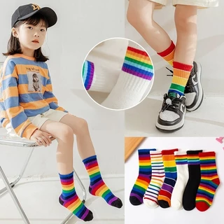 ถุงเท้าเด็ก ข้อกลาง แถบสีรุ้ง (สำหรับ1-8 ขวบ) พร้อมส่งจากไทย ลายแฟชั่นน่ารักสดใส ใช้ได้ทุกโอกาส