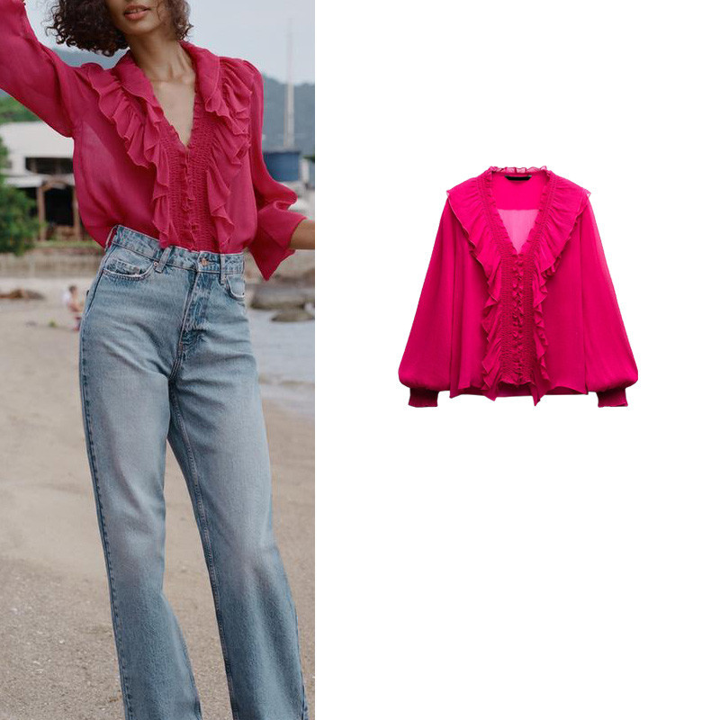 Zara เสื้อเชิ้ตแขนยาว คอวี โปร่งแสง ตกแต่งเลเยอร์ 2298060
