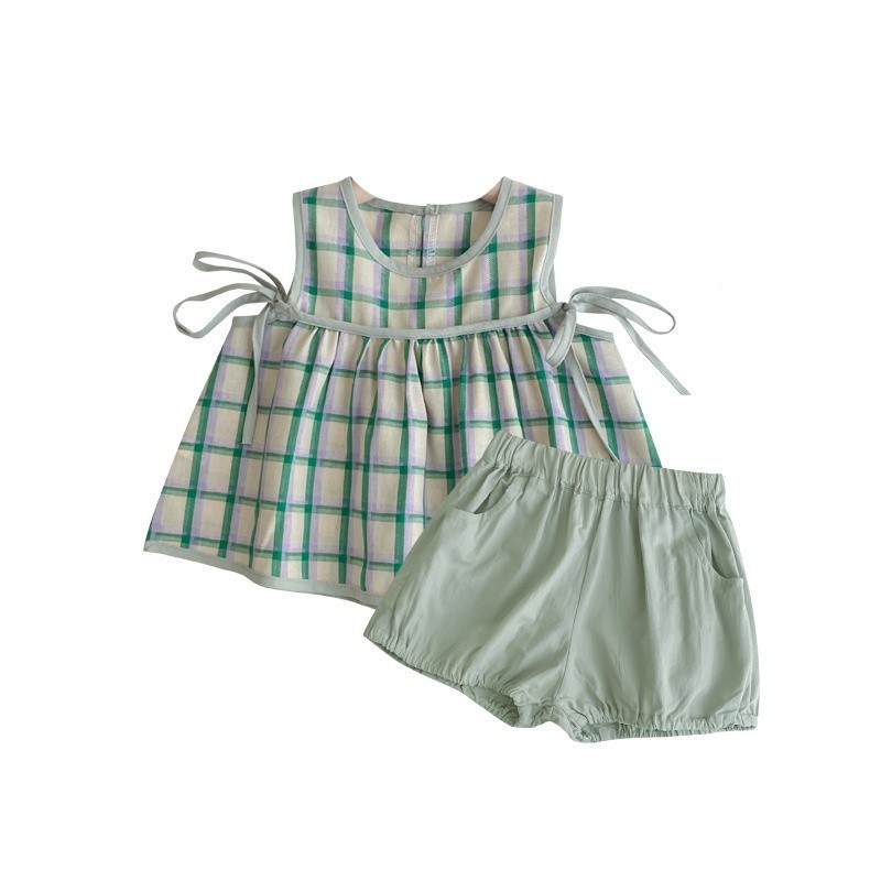 ชุดเดรสแขนสั้น ลายสก๊อต สไตล์เกาหลี แฟชั่นฤดูร้อน สําหรับเด็กผู้หญิง สองชิ้น - รูปที่ 3