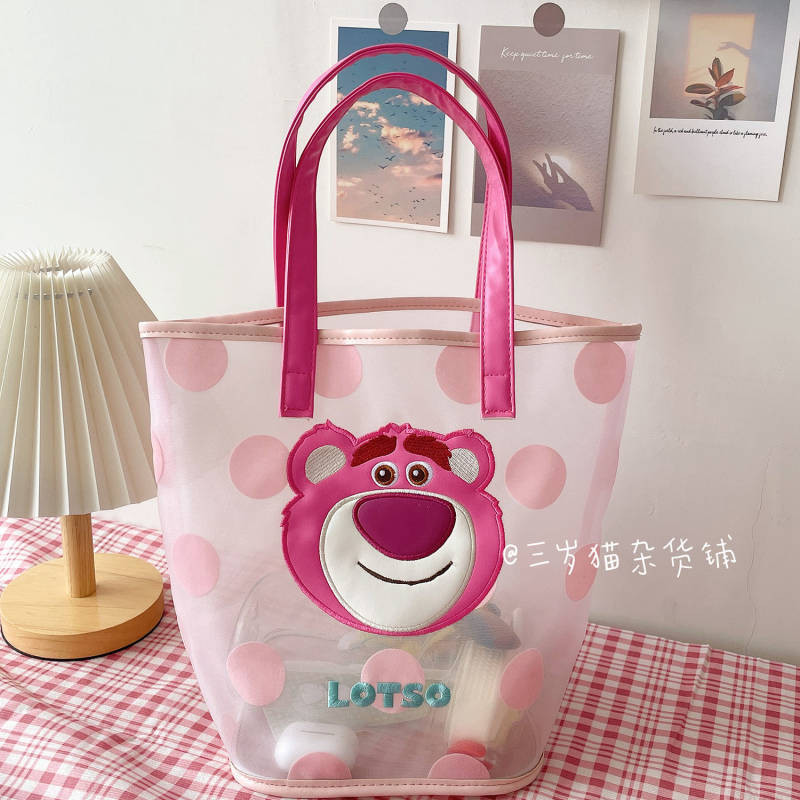 Three-Year-Old Cat Strawberry Bear Mesh Bag Female Student Class Portable Handbag Japanese Cartoon Large Capacity Handbag 6x3T