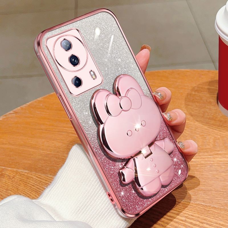 Casing Redmi Turbo 3 Xiaomi Civi 3 4 Pro Civi 2 การ ์ ตูน 3D กระต ่ ายผู ้ ถือกระจกเครื ่ องสําอาง Glitter เคสโทรศัพท ์ Hello Kitty Bracket กรณีเลเซอร ์ Electroplating ฝาครอบ + ขาตั ้ งพับ