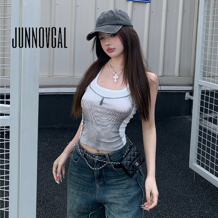 Junnovgal ผู ้ หญิง Camisole Retro ถักพิมพ ์ Halter 2024 ใหม ่ สไตล ์ อเมริกันสลิมฟิต