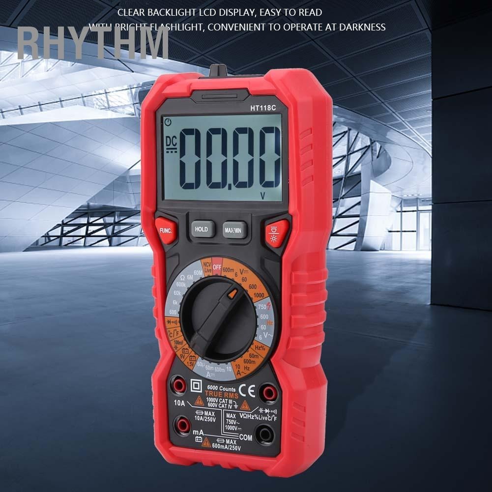 Rhythm HT118C มัลติมิเตอร์แบบดิจิตอลแบบใช้มือถือ AC/DC โวลต์แอมป์โอห์มความจุ Hz อุณหภูมิเครื่องทดสอบ w/ ไฟฉาย