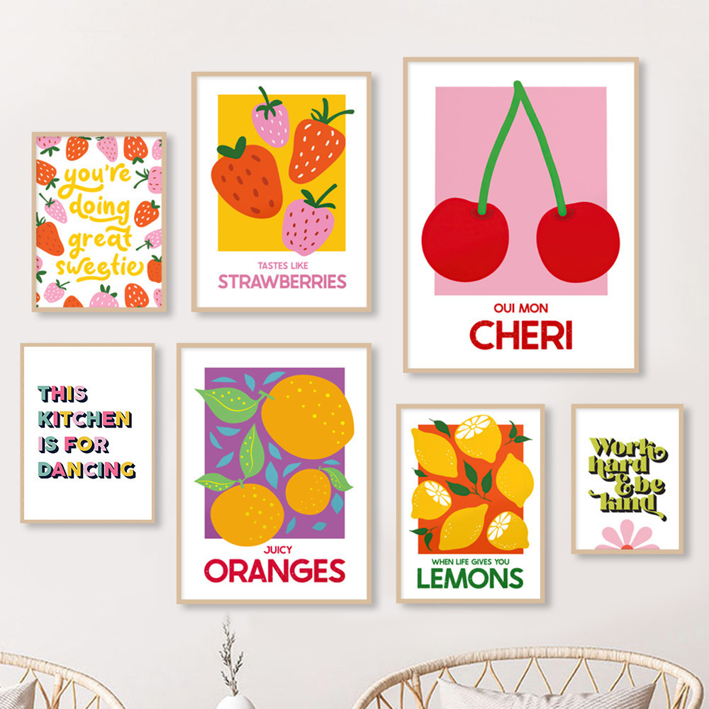 บทคัดย่อผลไม้เชอร์รี่มะนาวสีส้มสตรอเบอร์รี่ Wall Art ภาพวาดผ้าใบโปสเตอร์ห้องครัวคําคมพิมพ์ภาพผนังสําหรับห้องนั่งเล่น