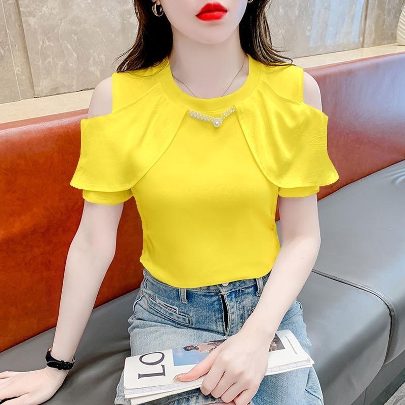 【#717] เสื้อยืดแขนสั้นฤดูร้อนสไตล์แห่งชาติผู้หญิงเฉพาะสไตล์ตะวันตกออกแบบปิดไหล่ด้านบนผู้หญิงทุกการแข่งขัน
