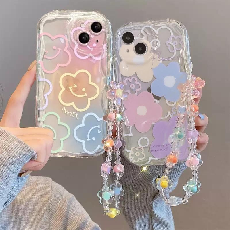Smilely ดอกไม้สายรัดข้อมือ Lanyard สําหรับ IPhone 13 12 11 Pro Max Mini 6 6S 7 8 Plus X XS XR XSMAX นุ่มโปร่งใส INS ซิลิโคน 3D หยักขอบโค้งเคสโทรศัพท์