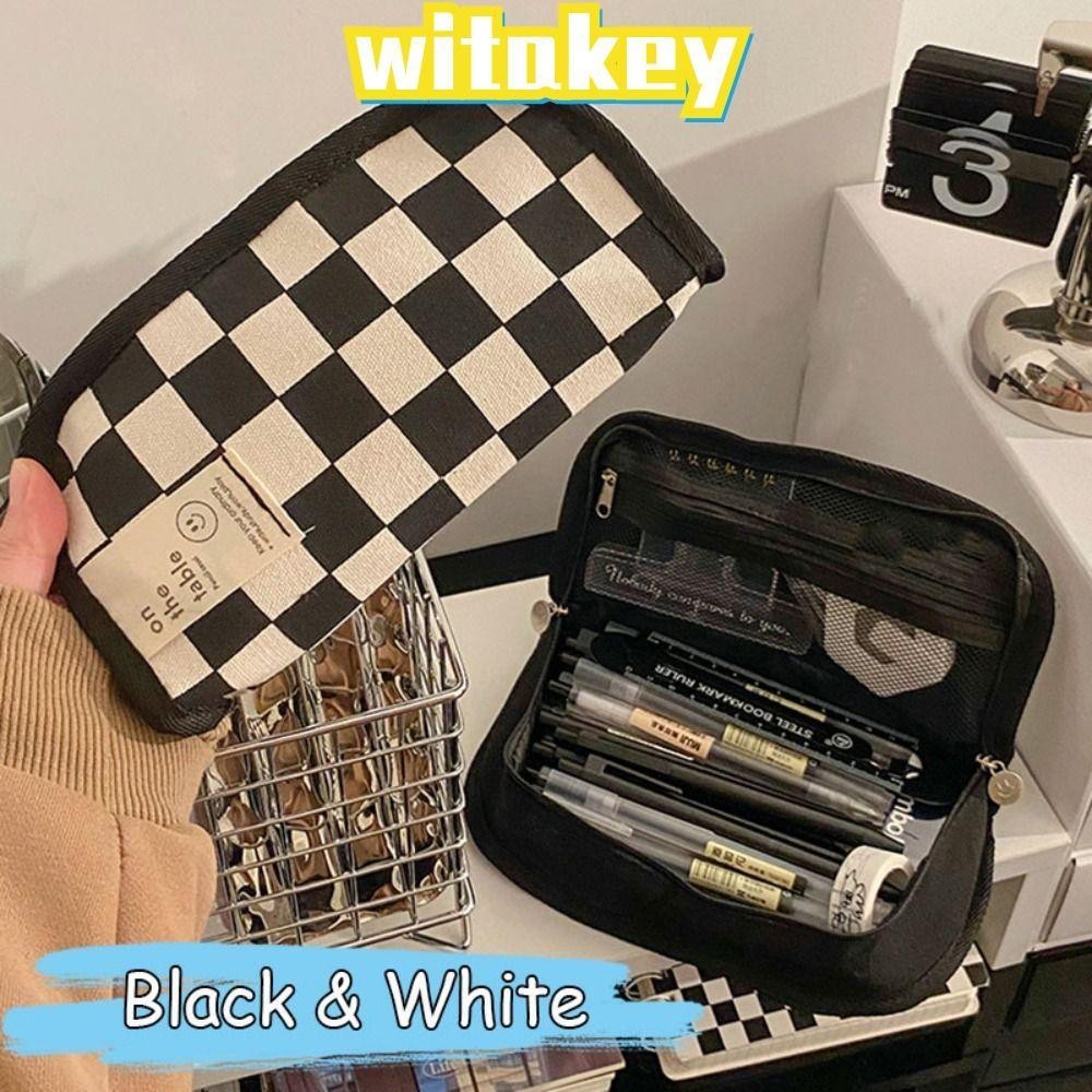 Witakey กระเป๋าดินสอ ปากกา เครื่องเขียน ลายกระดานหมากรุก ความจุขนาดใหญ่ แบบพกพา สําหรับเด็กผู้หญิง
