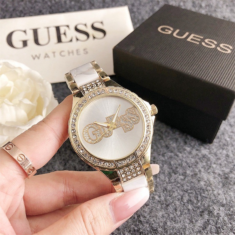 ฟรีกล ่ องผู ้ หญิง Guess นาฬิกาเพชรเซรามิคนาฬิกาควอตซ ์ นาฬิกา Lady Casual นาฬิกาควอตซ ์