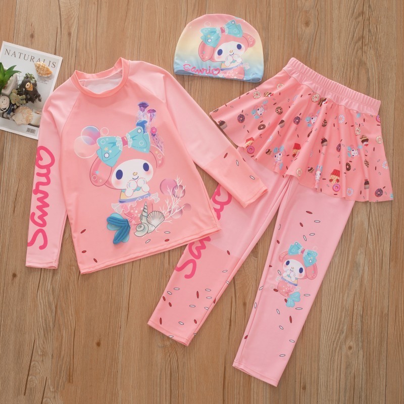 สาว 3PCS ชุดว่ายน้ําเด็กเด็ก Kawaii Sanrio My Melody Kuromi น่ารักอะนิเมะชุดว่ายน้ําเด็กแขนยาวชายหาดเสื้อผ้าชุดว่ายน้ําสําหรับสาว