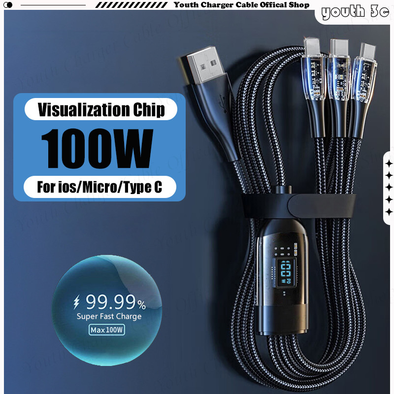 3 In 1 100W อัจฉริยะจอแสดงผลดิจิตอลสายโลหะผสมสังกะสี Super Fast Charger สาย USB A สานข้อมูลสายชาร์จสําหรับ ios Micro Type C Charger