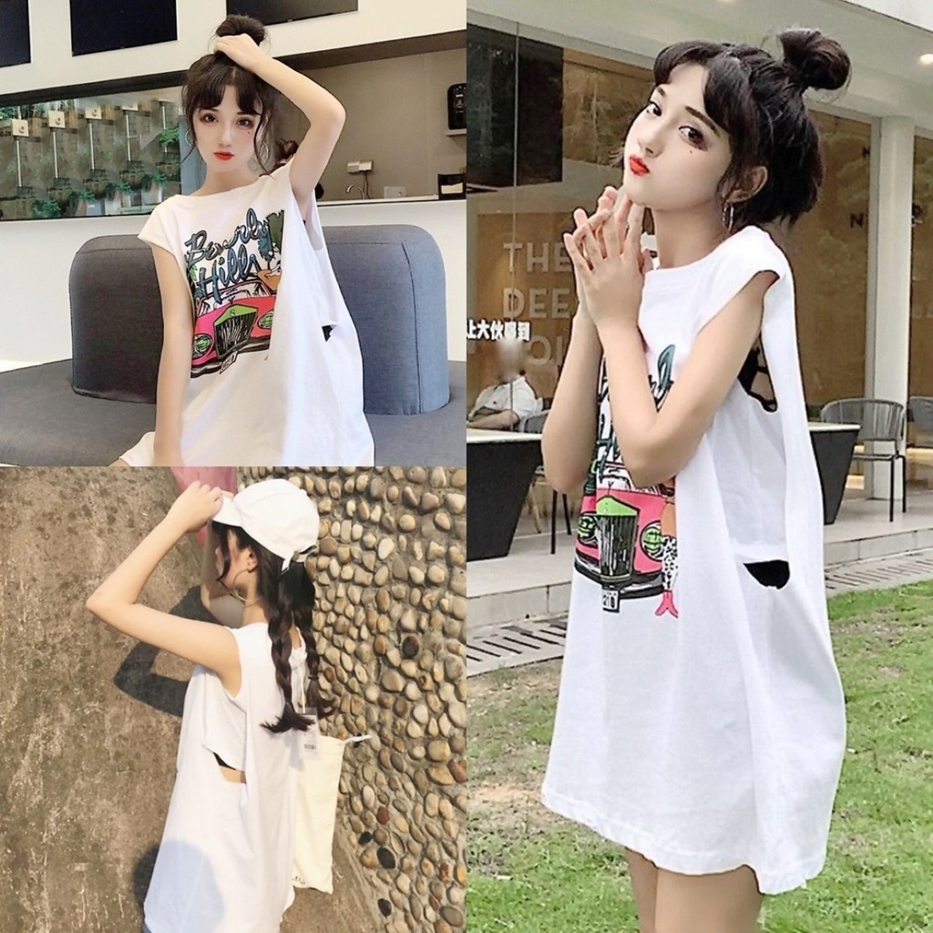 ราคาถูกที่สุด เสื้อแฟชั่นแขนกุดโอเวอร์ไซส์ สีขาวลายการ์ตูนรถ เย็บติดเสื้อตัวสั้นด้านใน กันโป๊ช่วงแขน
