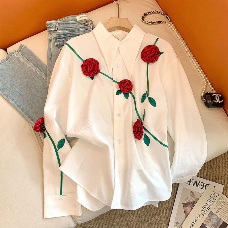 Niche อินเทรนด์หลวมบางสไตล์ Chic ผู้หญิงฤดูใบไม้ร่วงเสื้อเชิ้ตสีขาว Rose แฟชั่นสามมิติสไตล์เกาหลี High-End Top PDXC