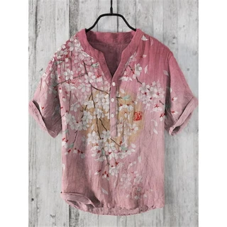 ผู้ชายญี่ปุ่นแฟชั่นขนาดเล็กคอวีเสื้อ henley ผู้ชายวินเทจญี่ปุ่นศิลปะ Magnolia ดอกไม้ V คอเสื้อลําลอง