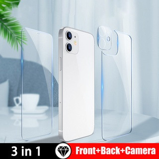 [3 In 1]ฟิล์มกระจกนิรภัยเลนส์กล้องด้านหน้าและด้านหลังสําหรับ IPhone 11 12 13 14 15 Pro Max Plus Mini 6 7 8 Plus X XS Max XR ป้องกันหน้าจอ