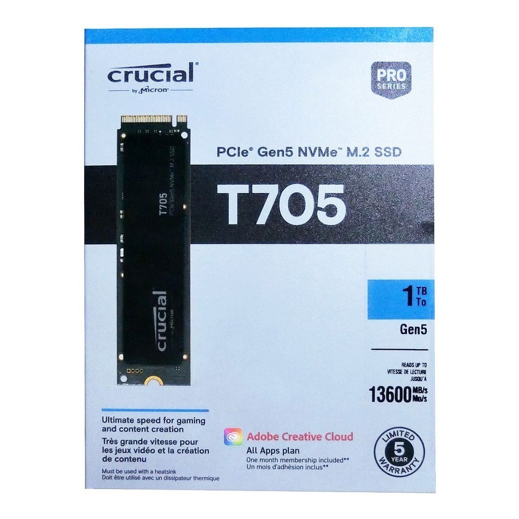 Crucial T705 1TB PCIe Gen5 NVMe M.2 2280 SSD (CT1000T705SSD3), R:13600MB/s