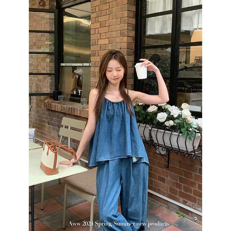 เลียนแบบกางเกงยีนส ์ สลิง Culottes ชุดสูทสองชิ ้ น 2024 ฤดูใบไม ้ ผลิฤดูร ้ อนสลิงกางเกงขากว ้ าง All @-