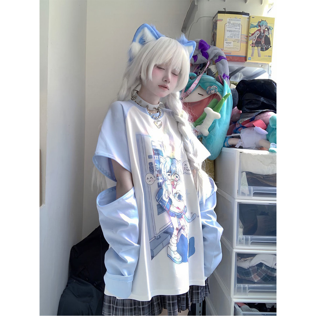 X-สีส้มสไตล์ญี่ปุ่น y2k Raglan แขนยาวเอเชียวัฒนธรรมเสื้อยืดแขนที่ถอดออกได้ฤดูร้อนสไตล์ใหม่เสื้อผ้าผู้หญิงลําลอง