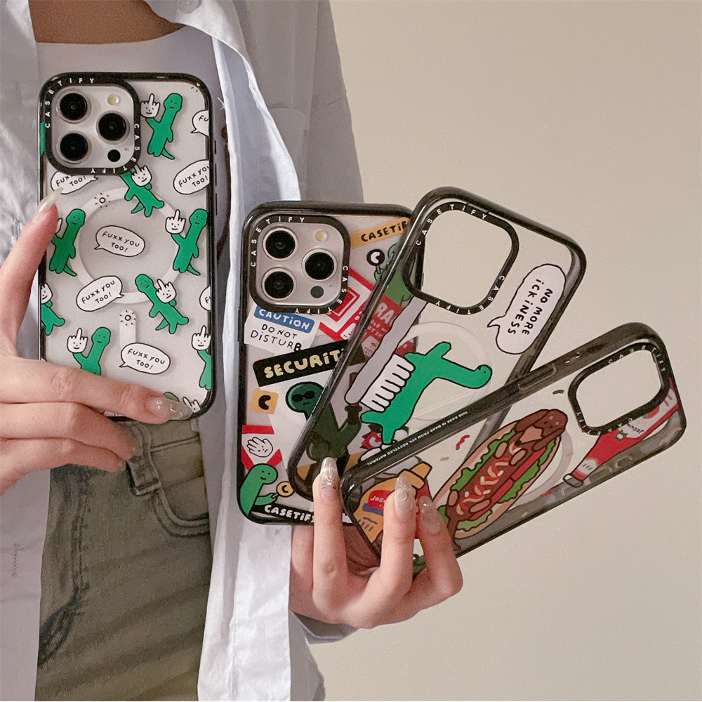 Casetifg แฟชั่นไดโนเสาร์รูปแบบชาร์จแม่เหล็กเคสโทรศัพท์พร้อมกล่องสําหรับ iPhone 16 12 13 14 15 Pro Max 16 Plus Clear กันกระแทกป้องกันกรณีซิลิโคนอะคริลิคปกหลัง