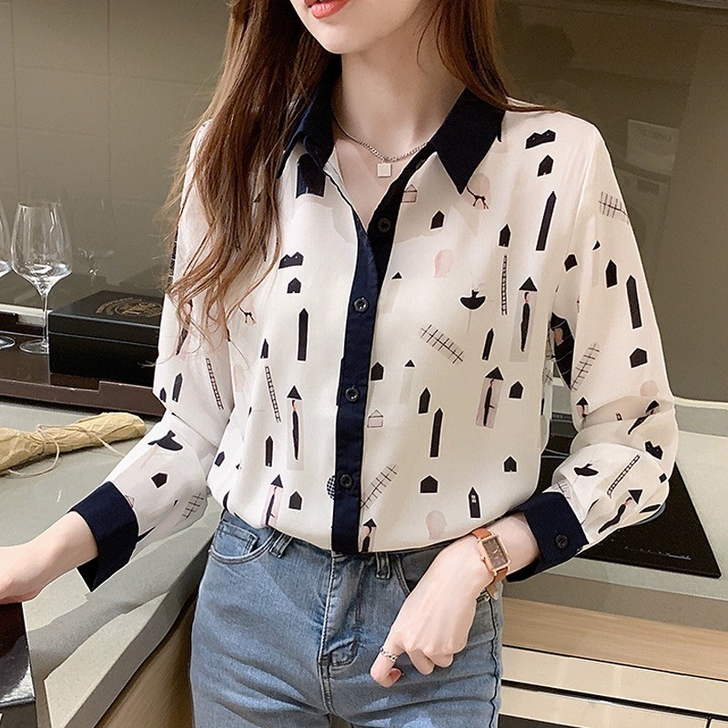 Dahong W391 เสื้อทำงานผู้หญิงแขนยาว ผ้าชีฟอง เชิ้ตคอปก พิมพ์ลายใส่ได้ทุกโอกาส ใหม่