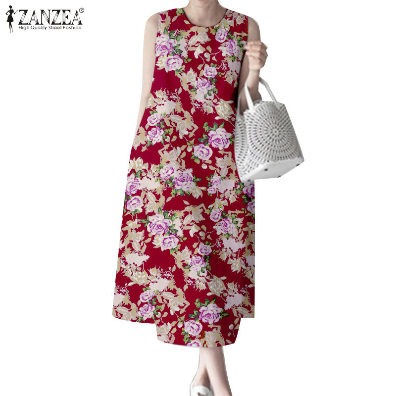 Zanzea ผู ้ หญิงเกาหลีคอกลมแขนกุดพิมพ ์ ลายดอกไม ้ A-Hem Pockets Design Dress