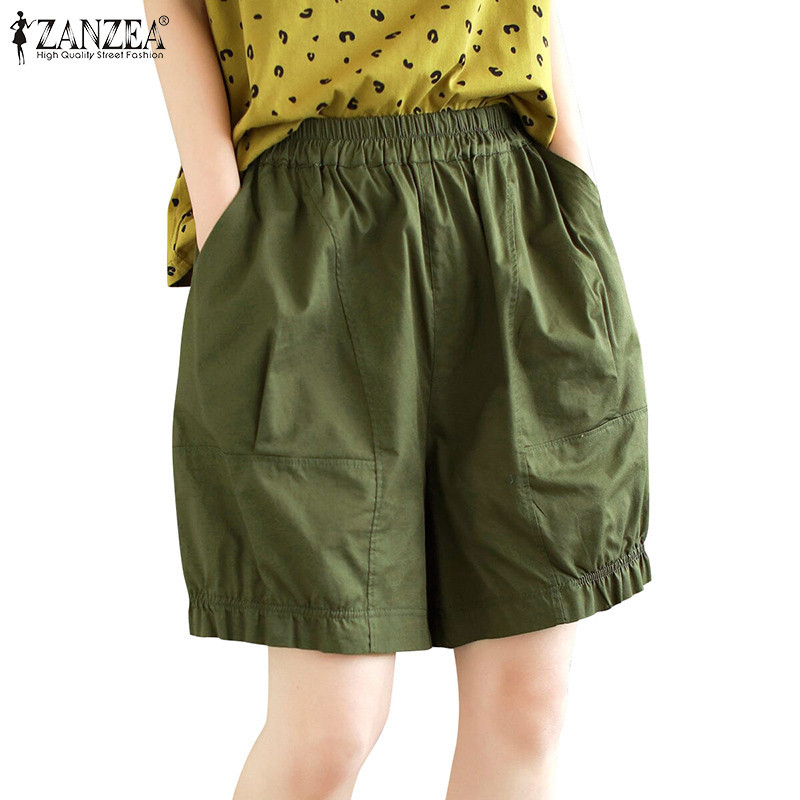 Zanzea กางเกงขาสั ้ นผู ้ หญิงเกาหลีลําลองเอวยางยืดสีทึบหลวมกระเป ๋ า