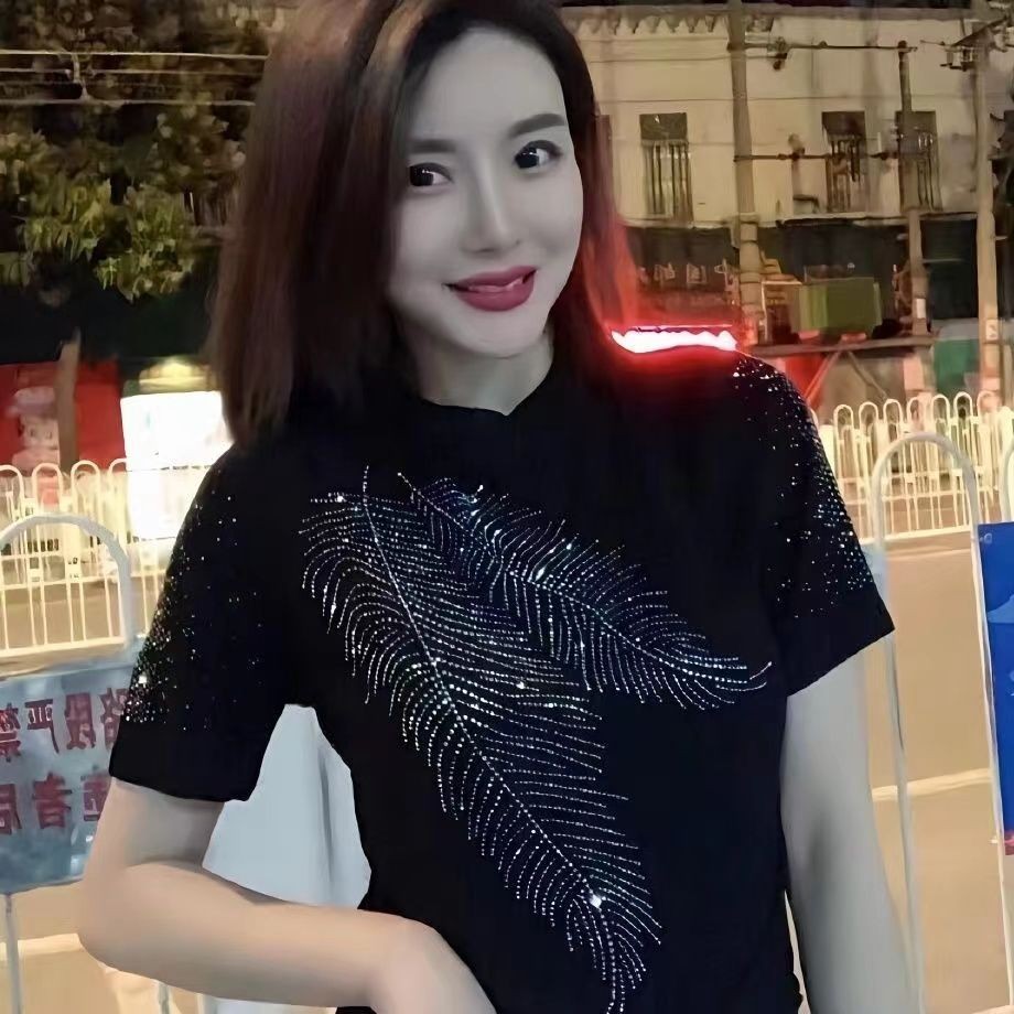 เสื ้ อยืดแขนสั ้ นประกายพร ้ อมคอกลม เสื ้ อขนาดใหญ ่ เพชรร ้ อนอุตสาหกรรมหนักบางและบาง