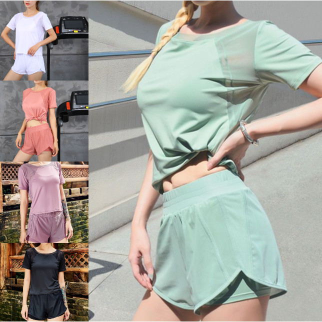 Evesport-YOGA-1916 (ชุด 2 ชิ้น) ชุดออกกำลังกายผู้หญิง ชุดวิ่ง เสื้อแขนสั้น+กางเกงขาสั้น