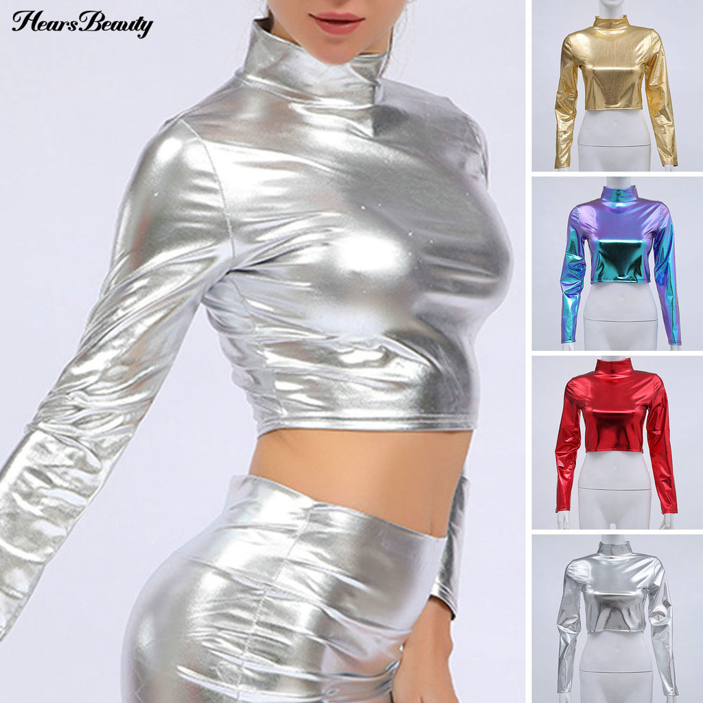 Hew-women Club Top หนัง Faux เคลือบเงาครึ ่ งสูงสีทึบแขนยาวสัมผัสเอว