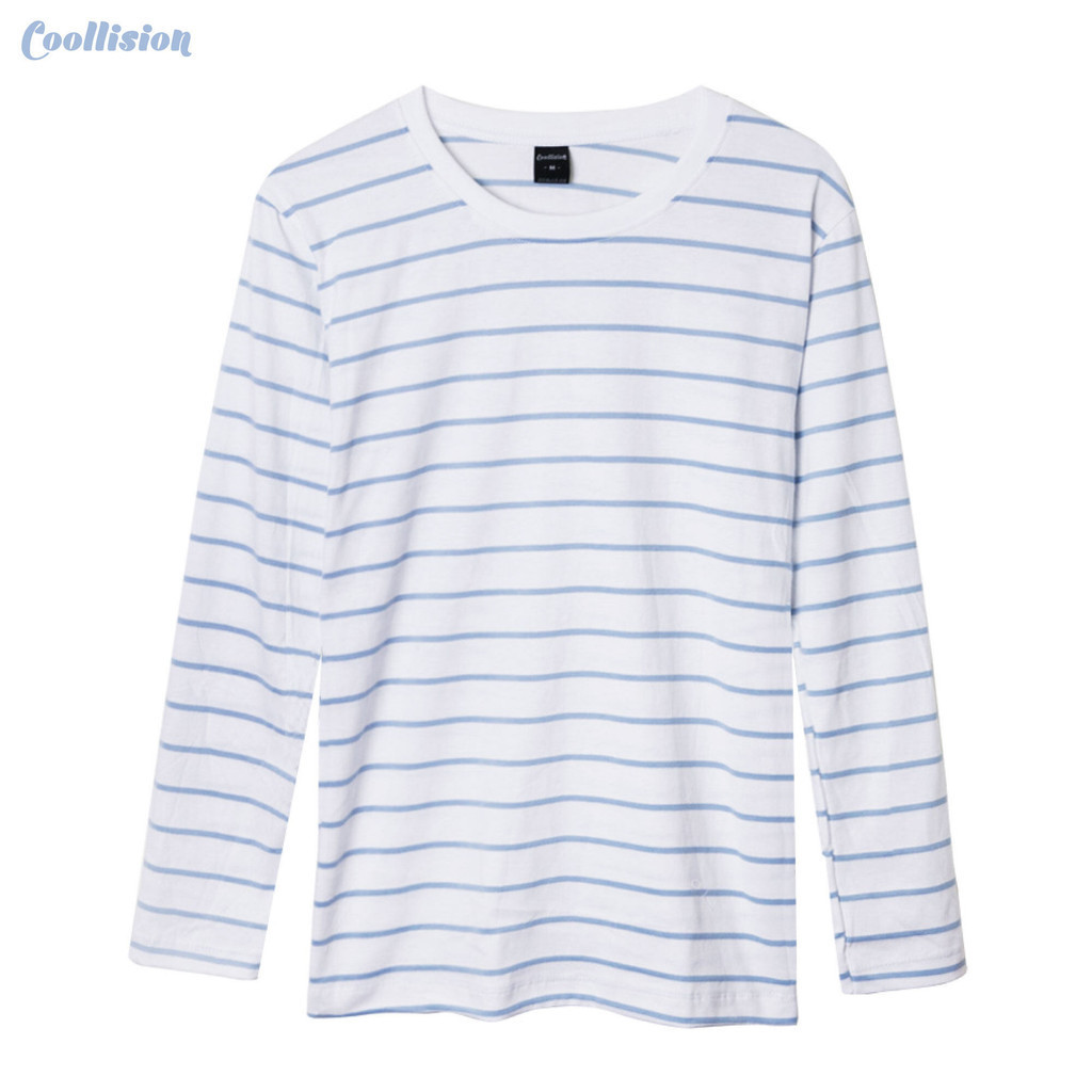 "#COOLLISION (NEW!!) แขนยาวฟ้าขาวริ้วมินิ long-Mini pastel blue เสื้อลายทางunisex ผ้าไม่ลื่นสีไม่ตก