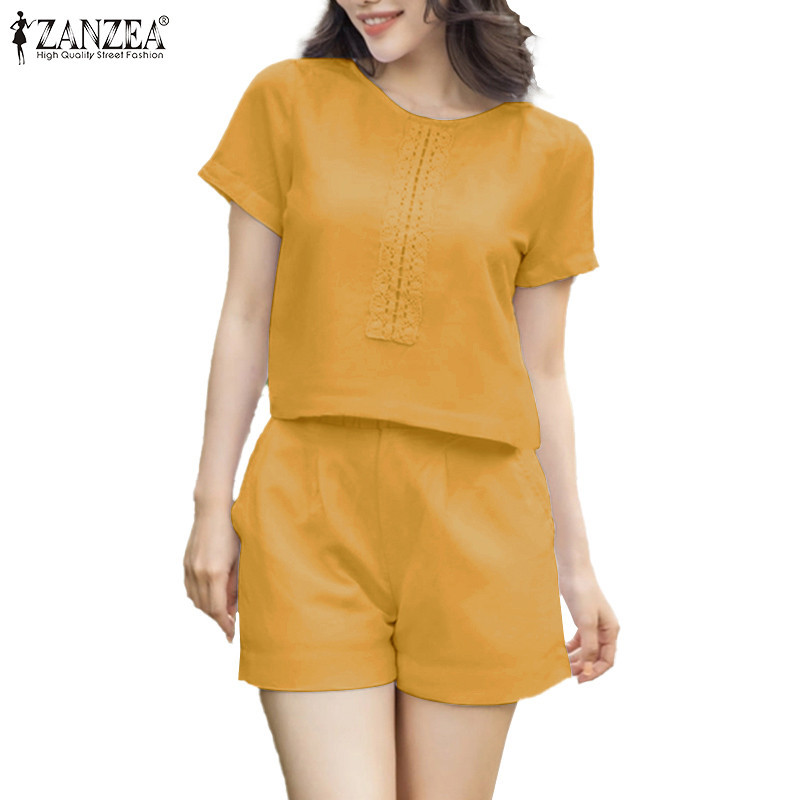 Zanzea ผู ้ หญิงเกาหลีคอกลมแขนสั ้ นเอวยางยืดกระเป ๋ าหลวมเสื ้ อและกางเกงขาสั ้ น