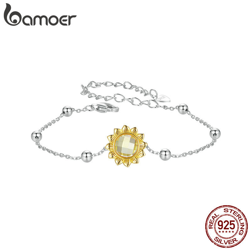 BAMOER บามอส สร้อยข้อมือเศษไม้เงินแท้ 925 ของขวัญเครื่องประดับดอกทานตะวันสําหรับผู้หญิง